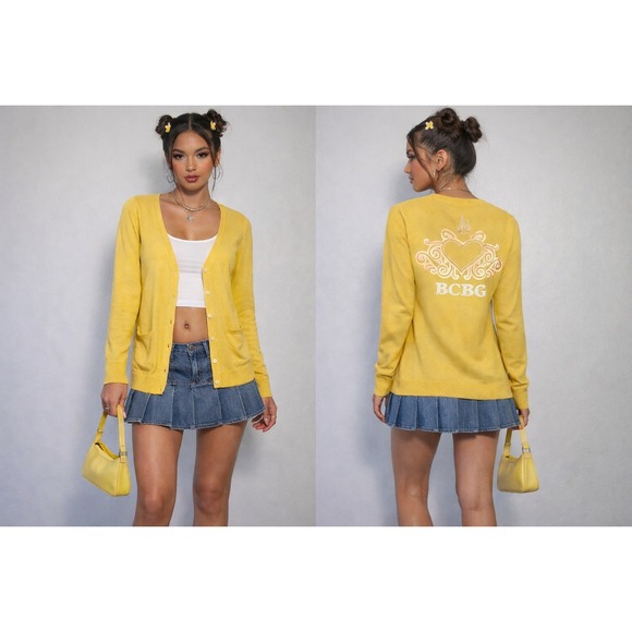 BCBGMaxAzria Sweaters - BCBG Max Azria Yellow Longline Cardigan Y2K Lightweight Button Front Small